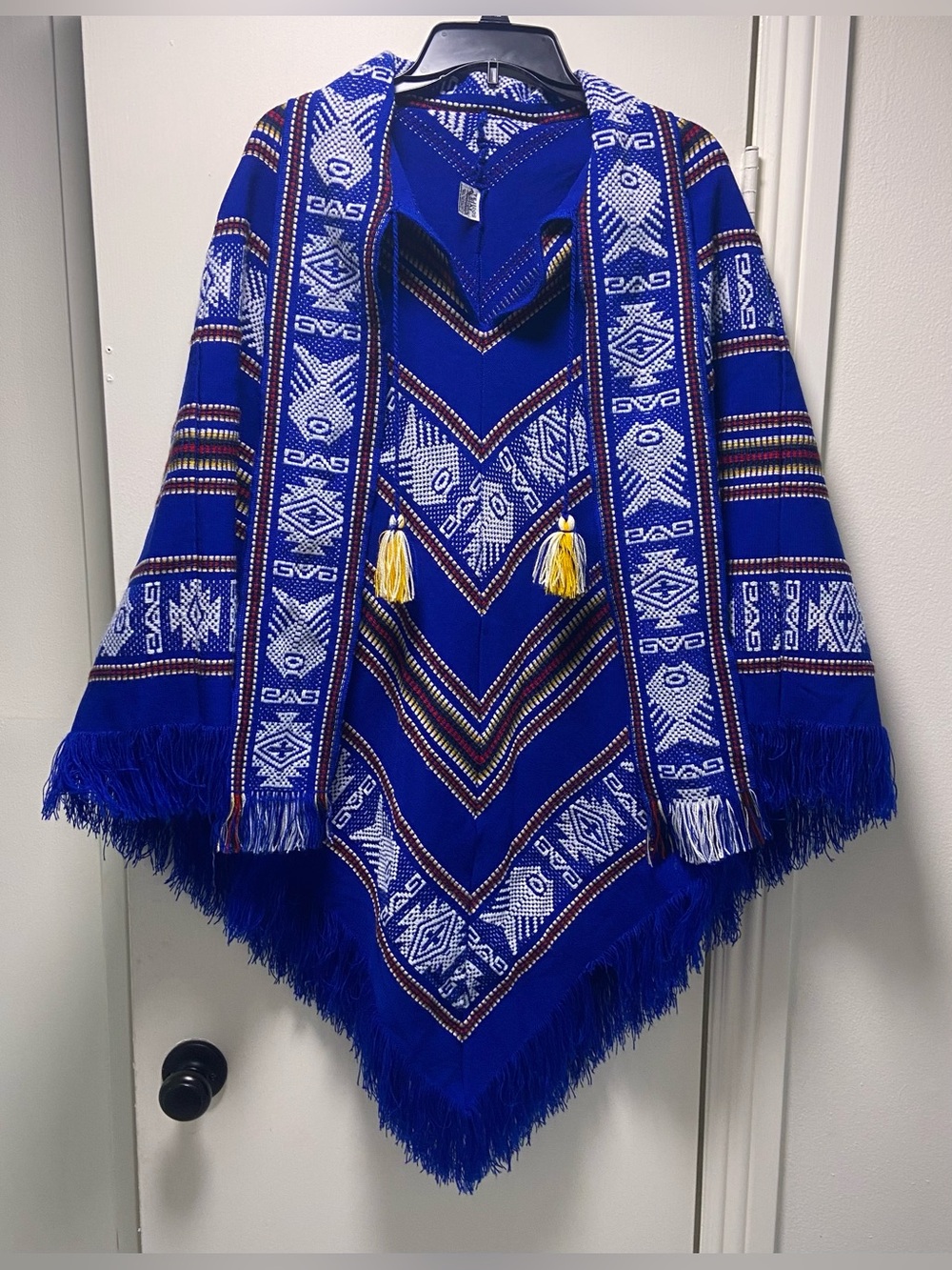 Blue Fringe Aztec Unisex Poncho - Size Adult One Size
